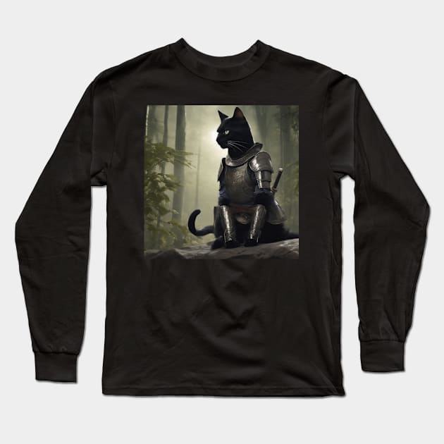 BLACK CAT IN ARMOR Long Sleeve T-Shirt by DjurisStudio